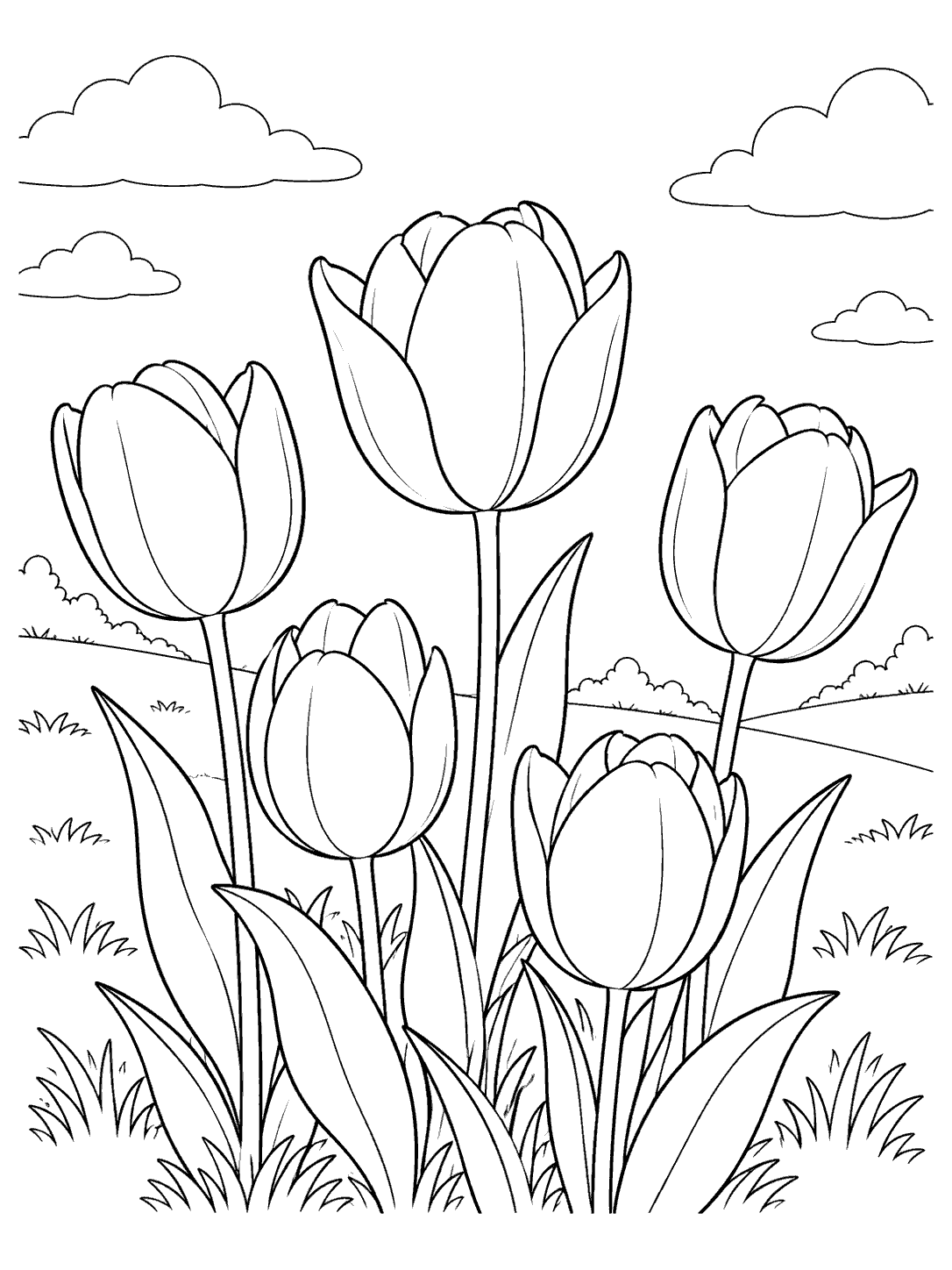 Five outlined tulips at varied heights on a grassy hillside with simple clouds, in a portrait coloring page.