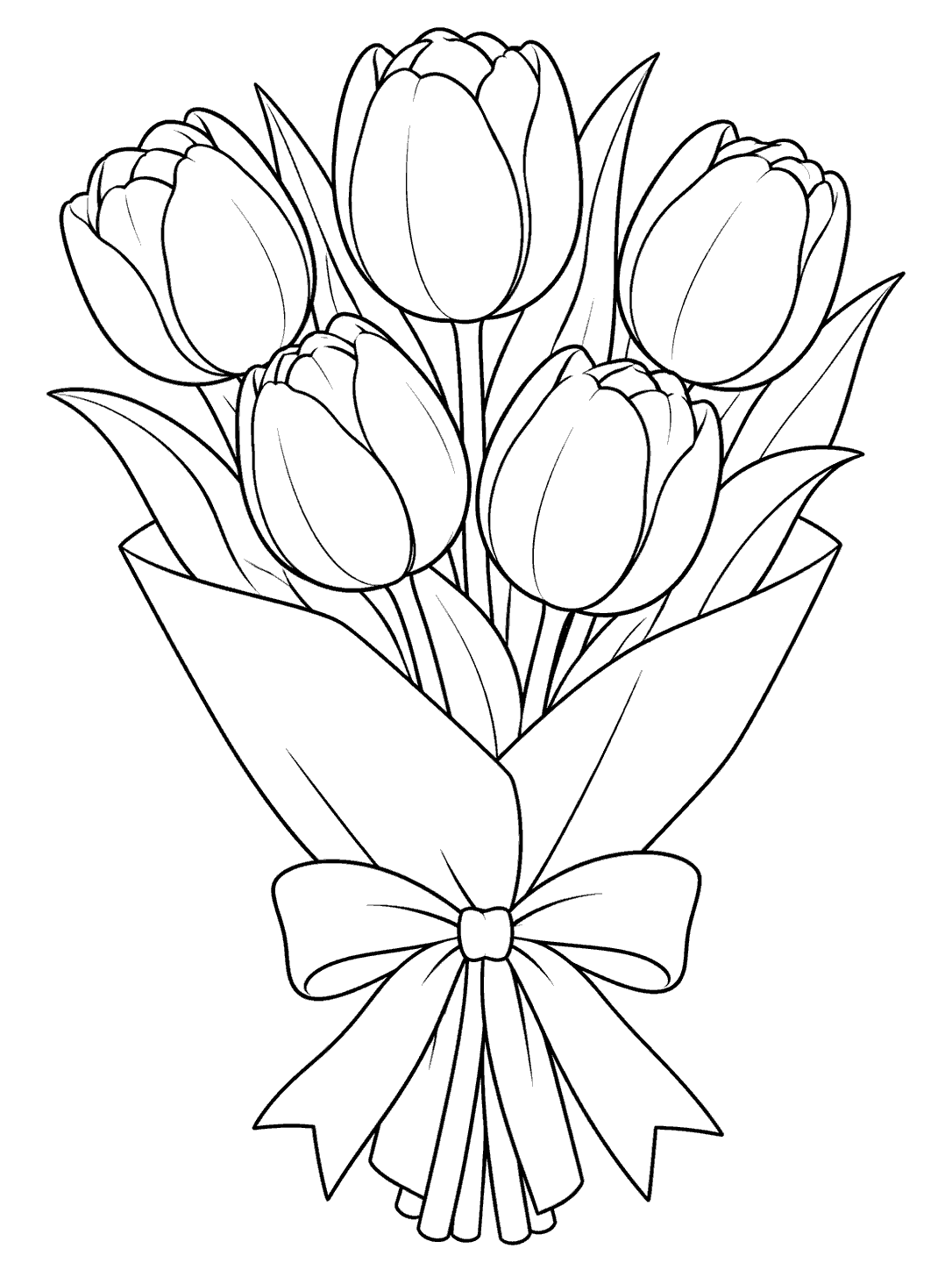 Black-and-white tulip bouquet coloring page with five blooms, leafy stems, a plain paper sleeve, and a bow.