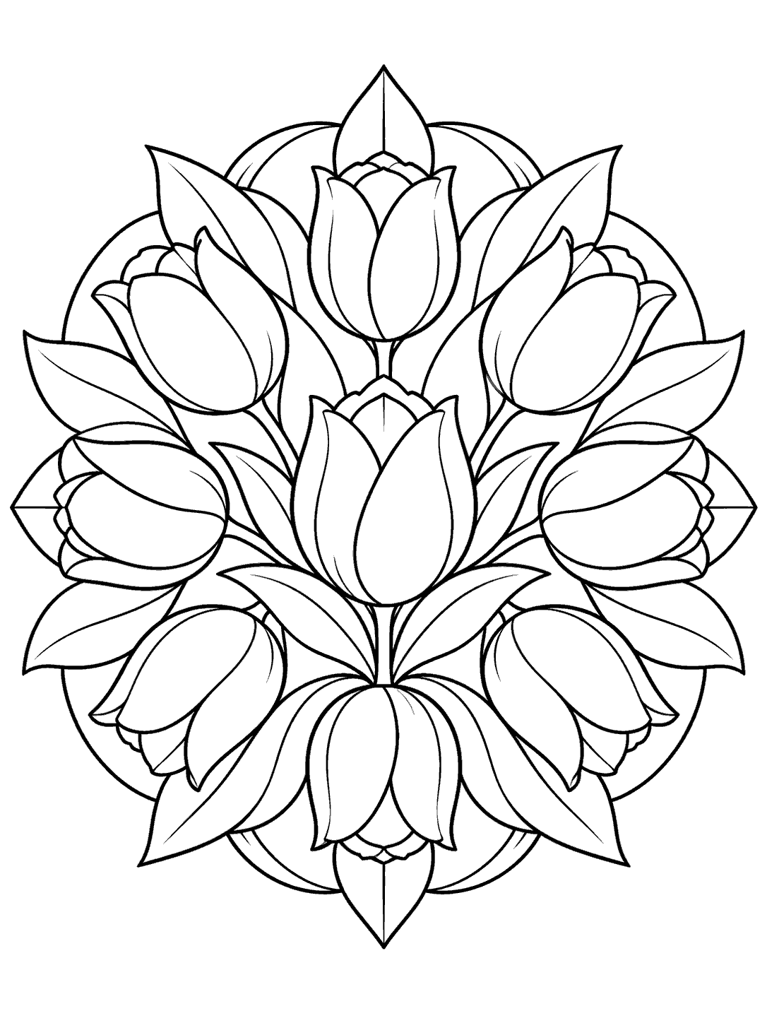 A symmetrical black-outline tulip mandala coloring page with a central tulip, surrounding tulip heads, and leaves.