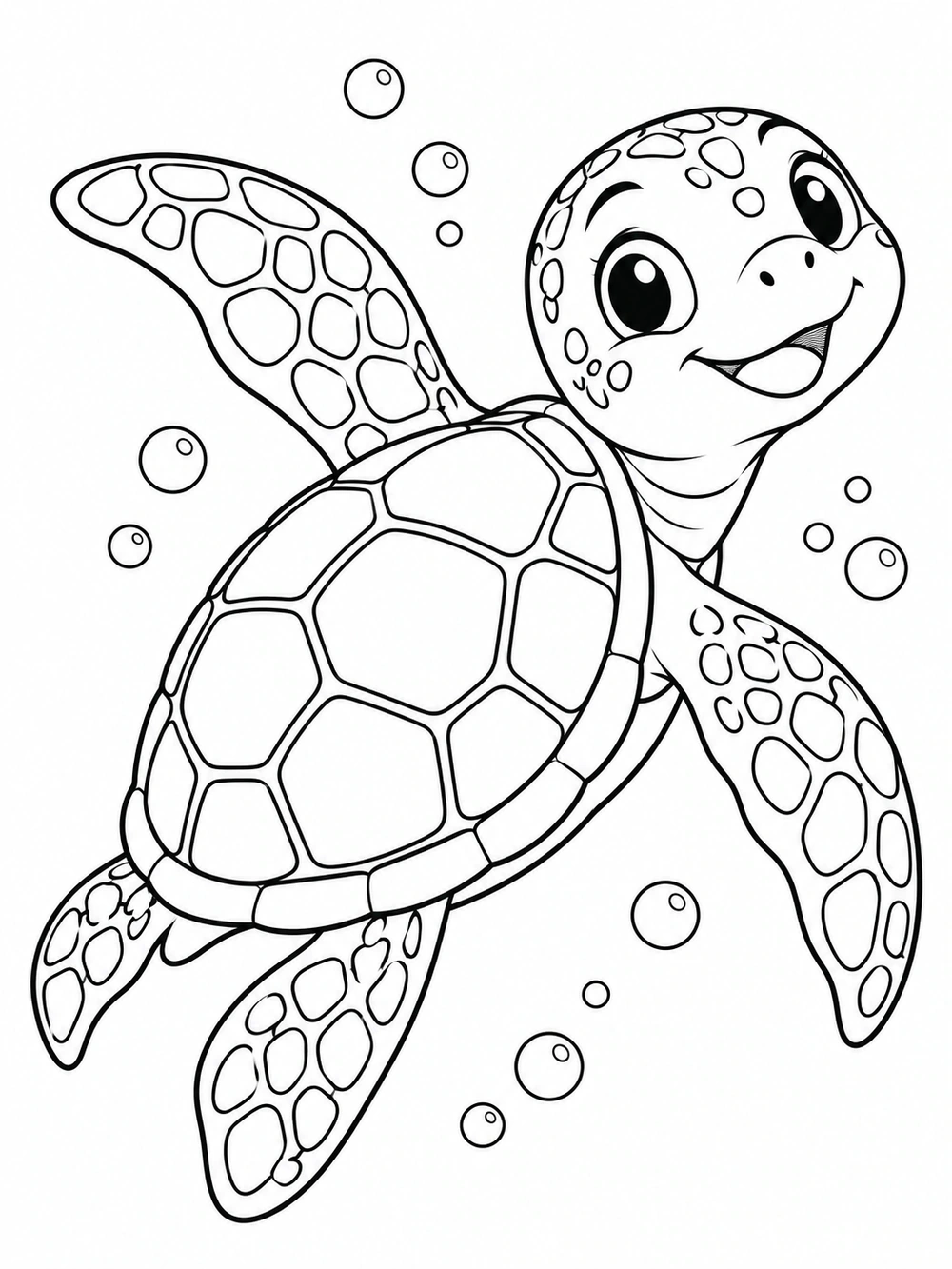 Smiling sea turtle coloring page with a large plated shell, patterned flippers, and scattered bubbles.
