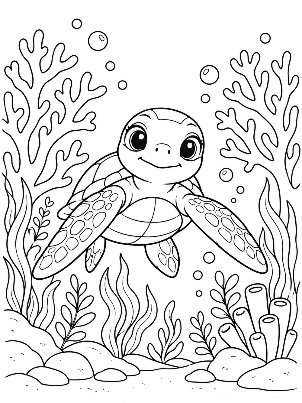 Forward-facing sea turtle surrounded by branching coral, plants, and bubbles in a black-and-white coloring page