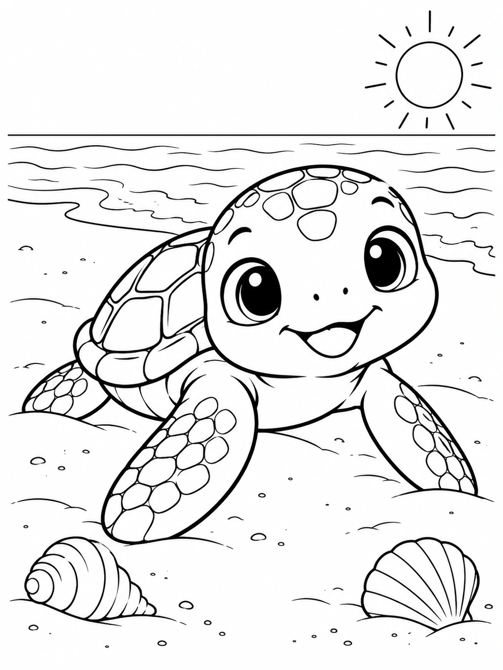 Black-and-white coloring page of a smiling baby sea turtle on a sandy beach, with a sun and two shells.