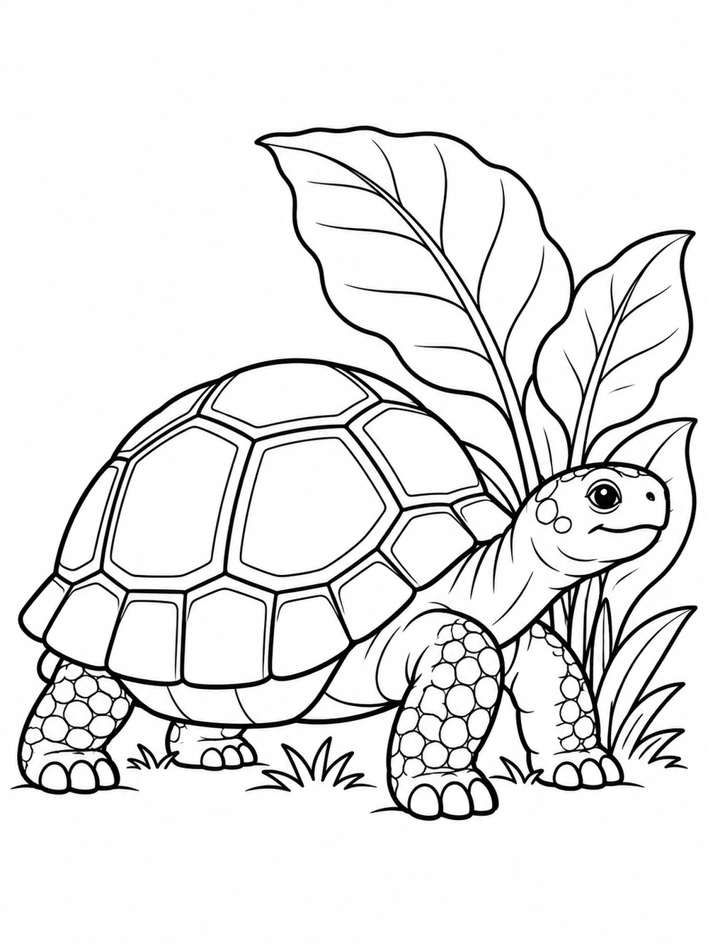 Tortoise coloring page showing a smiling land tortoise with a domed geometric shell beside broad leaves.