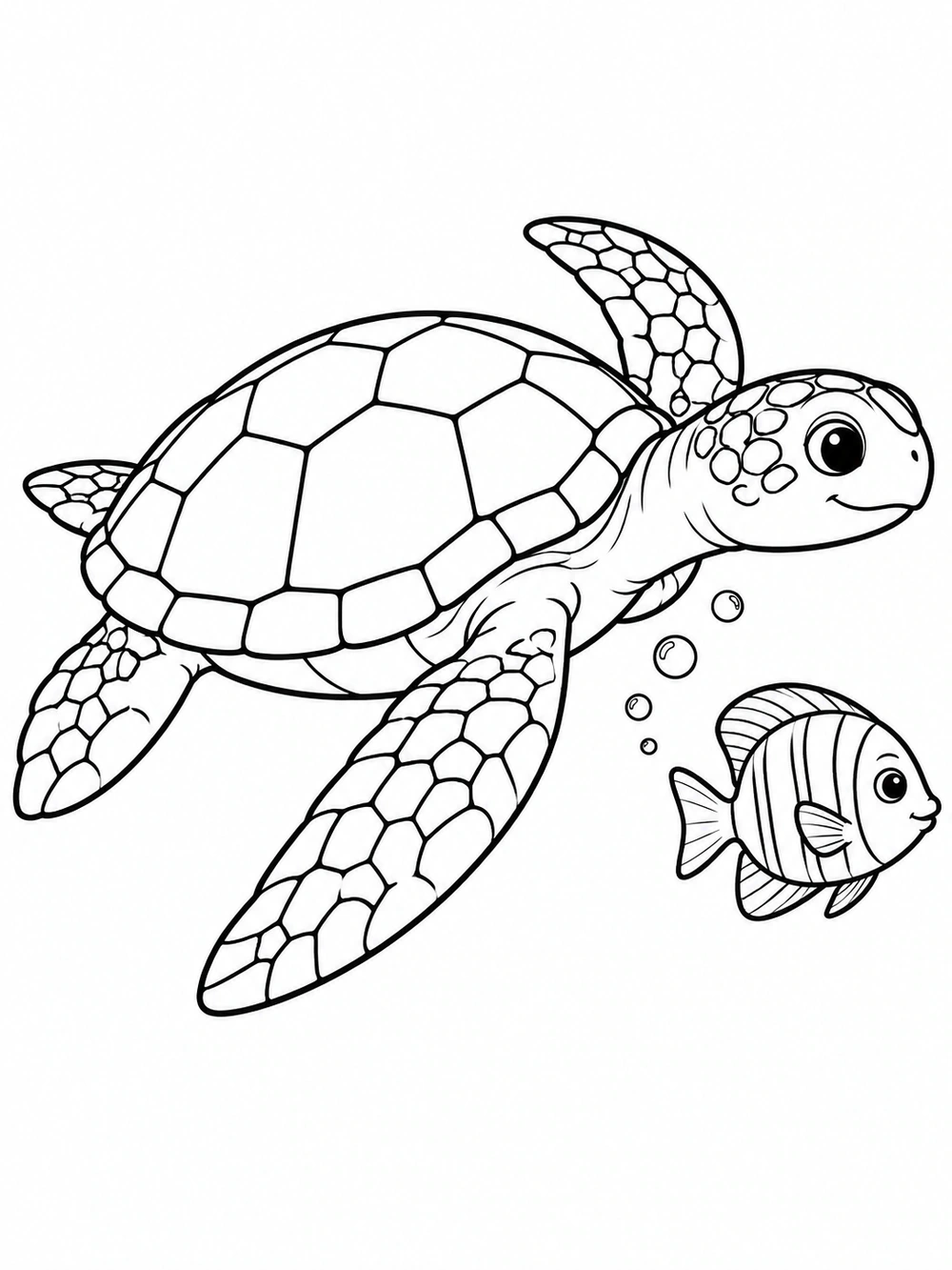 Turtle coloring page with a reef fish