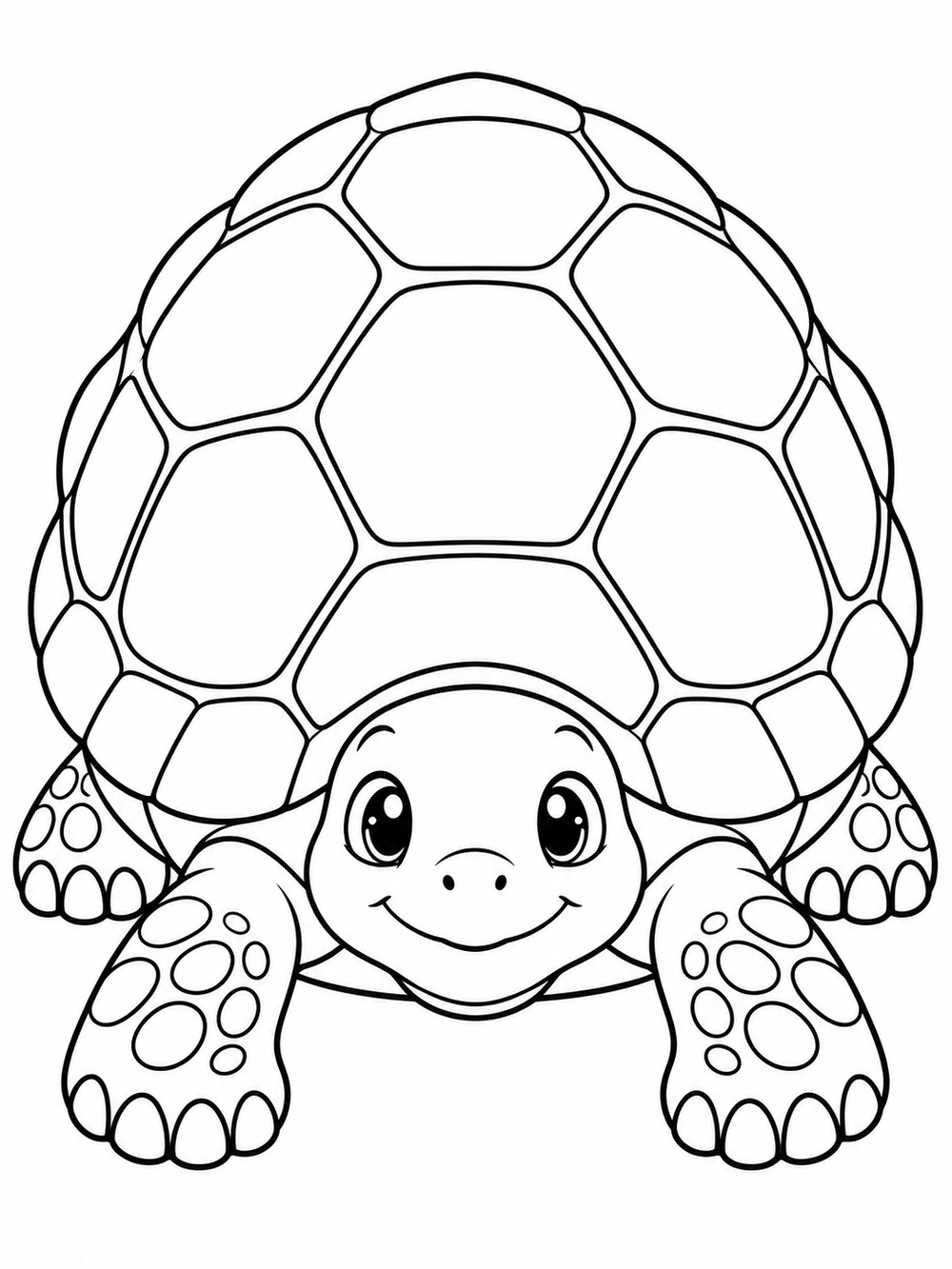 Front-facing smiling turtle with a large segmented shell and four spotted feet, drawn in black outlines on white.