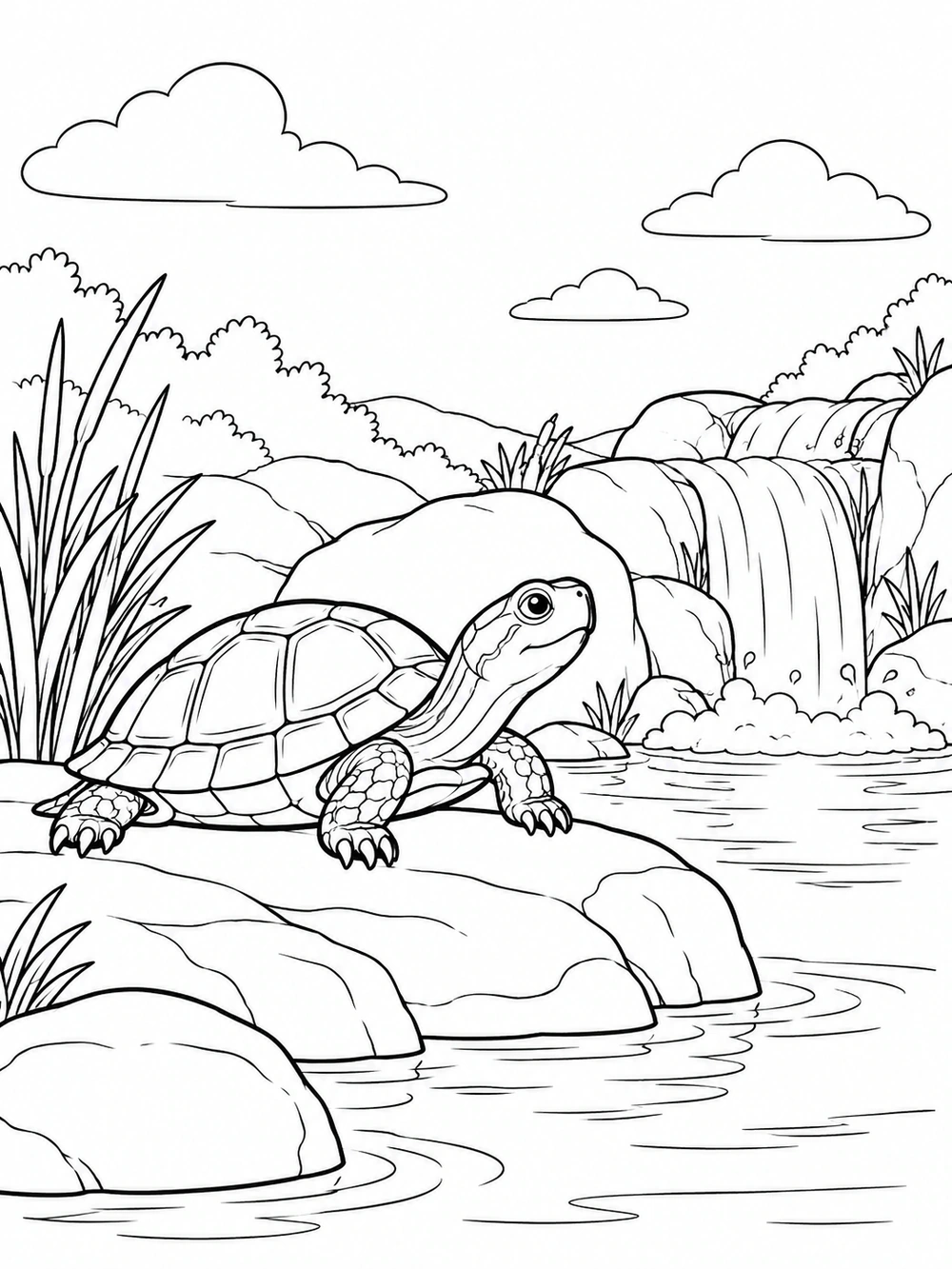 Black-and-white turtle coloring page showing a river turtle on a rock beside a waterfall, stones, reeds, and open water.