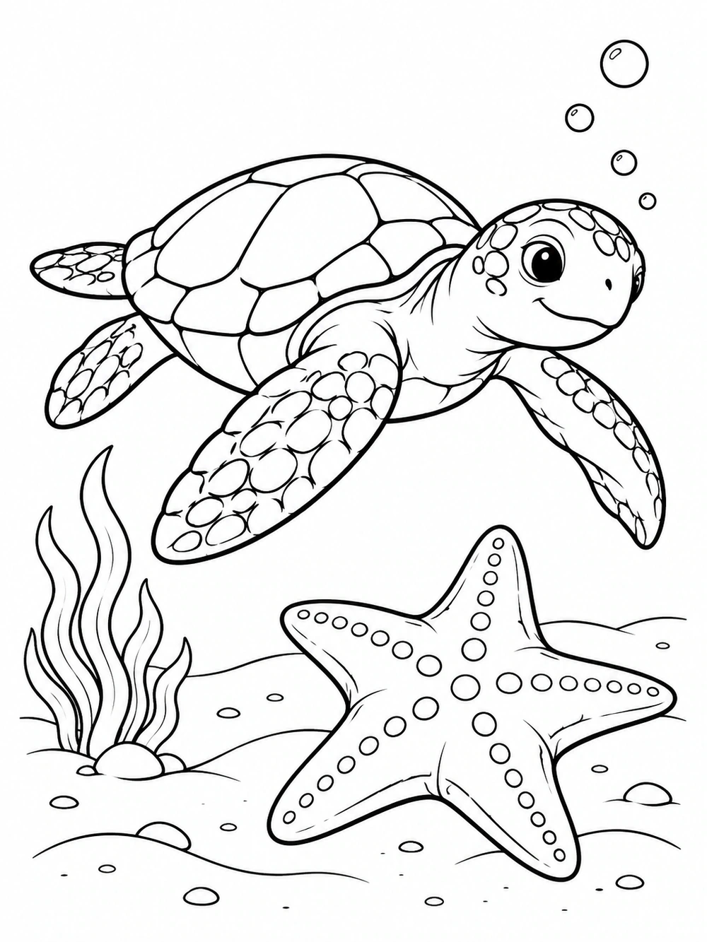 Turtle coloring page showing a smiling sea turtle passing a large five-point sea star, with bubbles and a small seaweed cluster.
