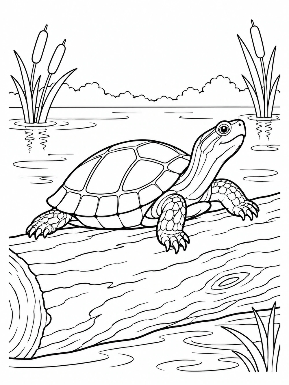 Turtle coloring page showing a shelled pond turtle basking on a log, with cattails and water ripples.