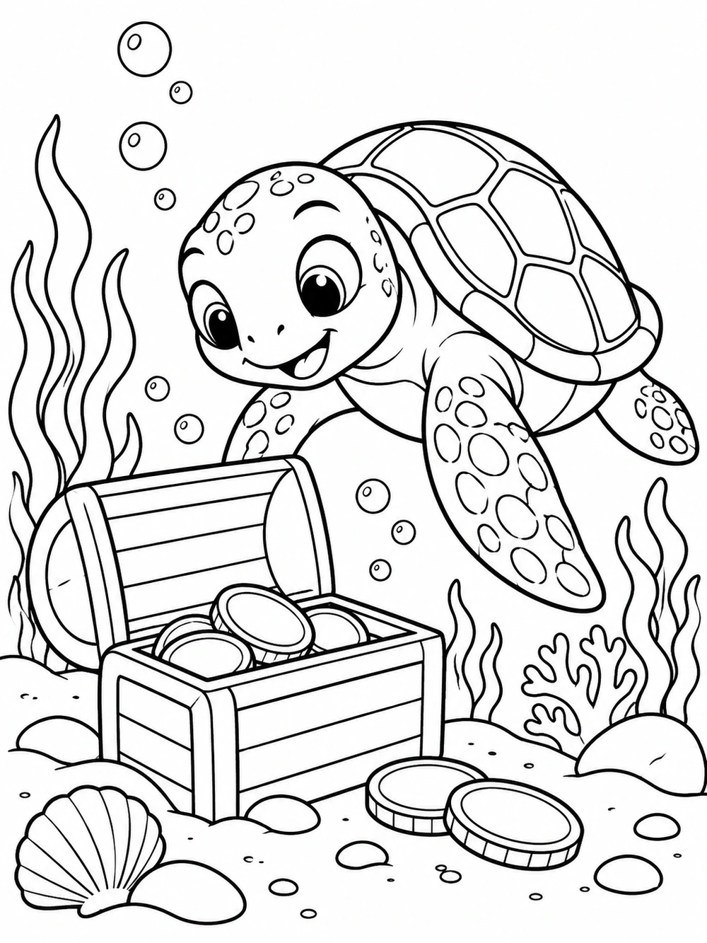 Curious sea turtle beside an open treasure chest with coins, bubbles, seaweed, and shells, drawn in bold black outlines for coloring.