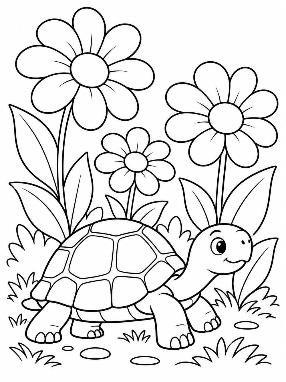 Tortoise coloring page with three large flowers and broad leaves in a garden.