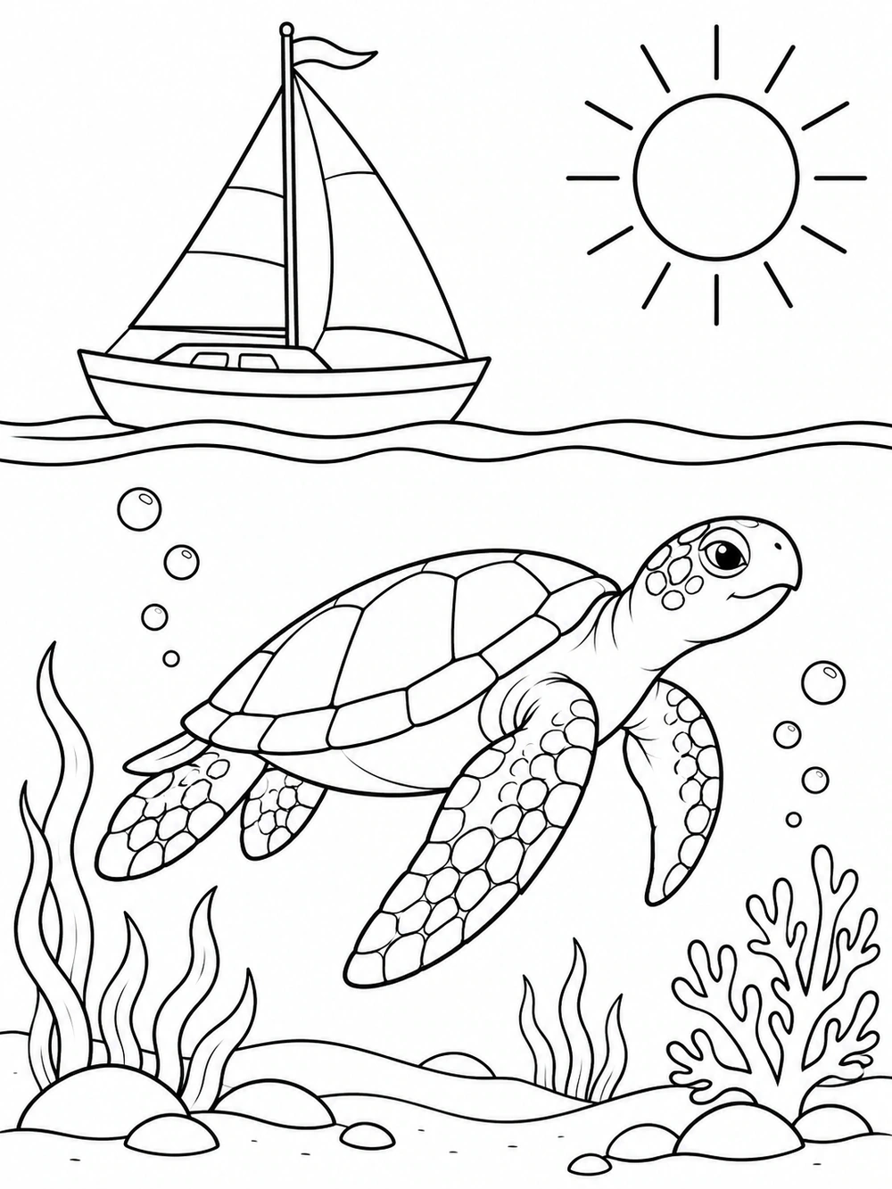Turtle coloring page showing a sea turtle swimming underwater beneath a sailboat and sun.