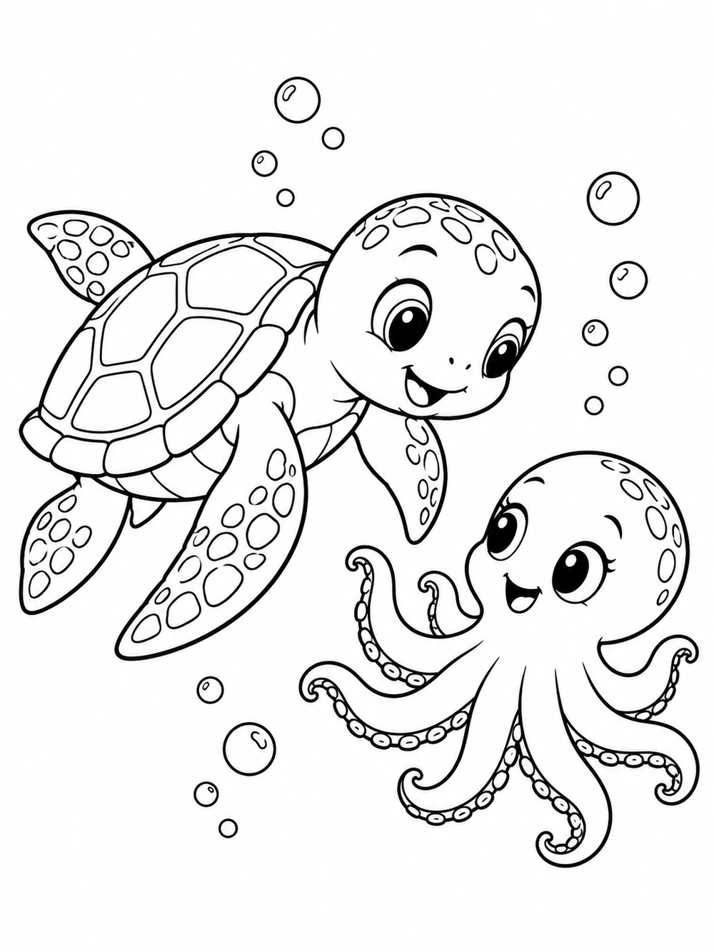 Black-and-white coloring page showing a smiling sea turtle facing a baby octopus with separated arms and bubbles on a white background.