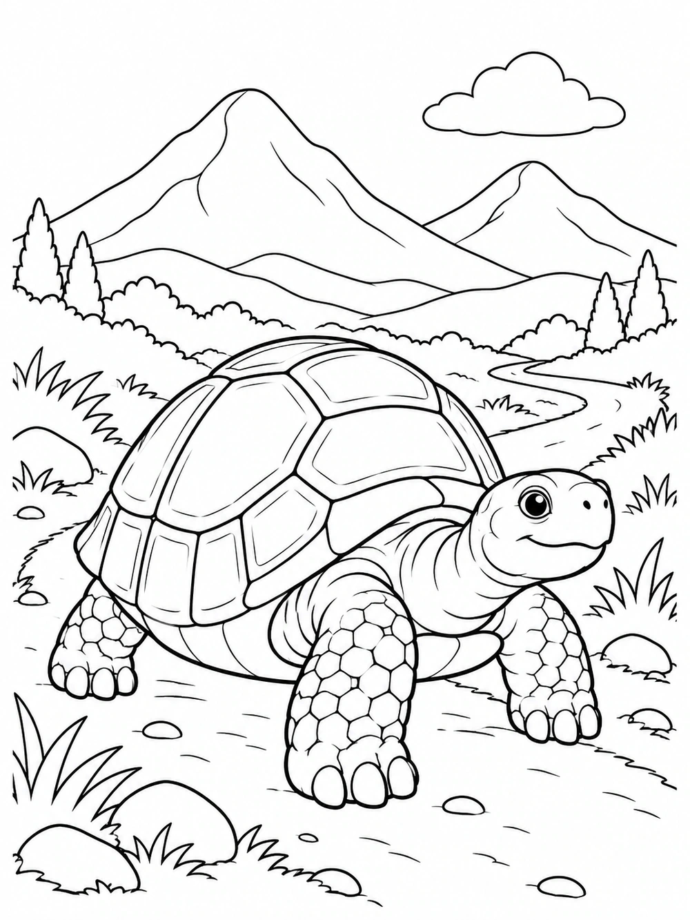 Black-and-white tortoise coloring page with a winding trail, mountains, and a cloud