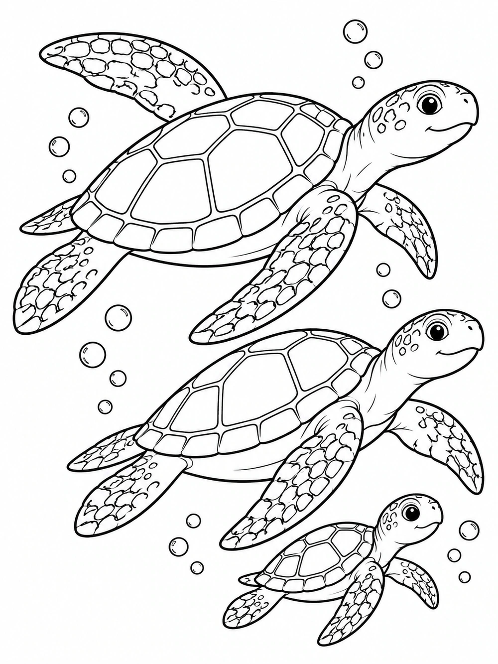 Turtle coloring page showing two adult sea turtles and a smaller hatchling swimming among bubbles.