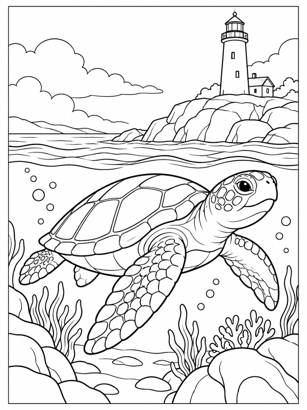 Sea turtle swimming underwater near a rocky shoreline and lighthouse coloring page