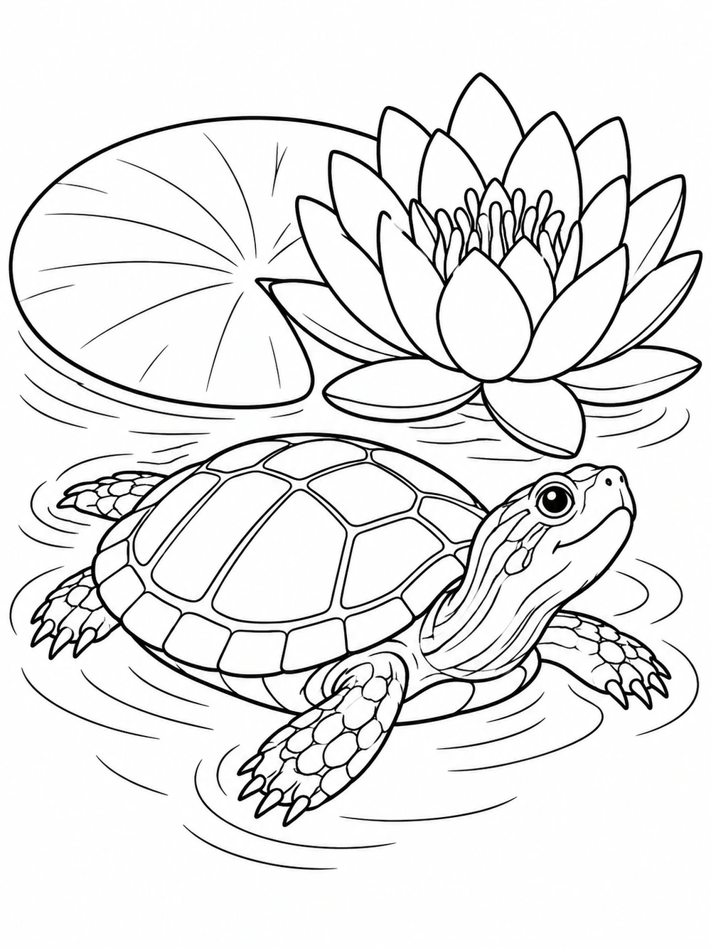 Turtle coloring page with a water lily and lily pad