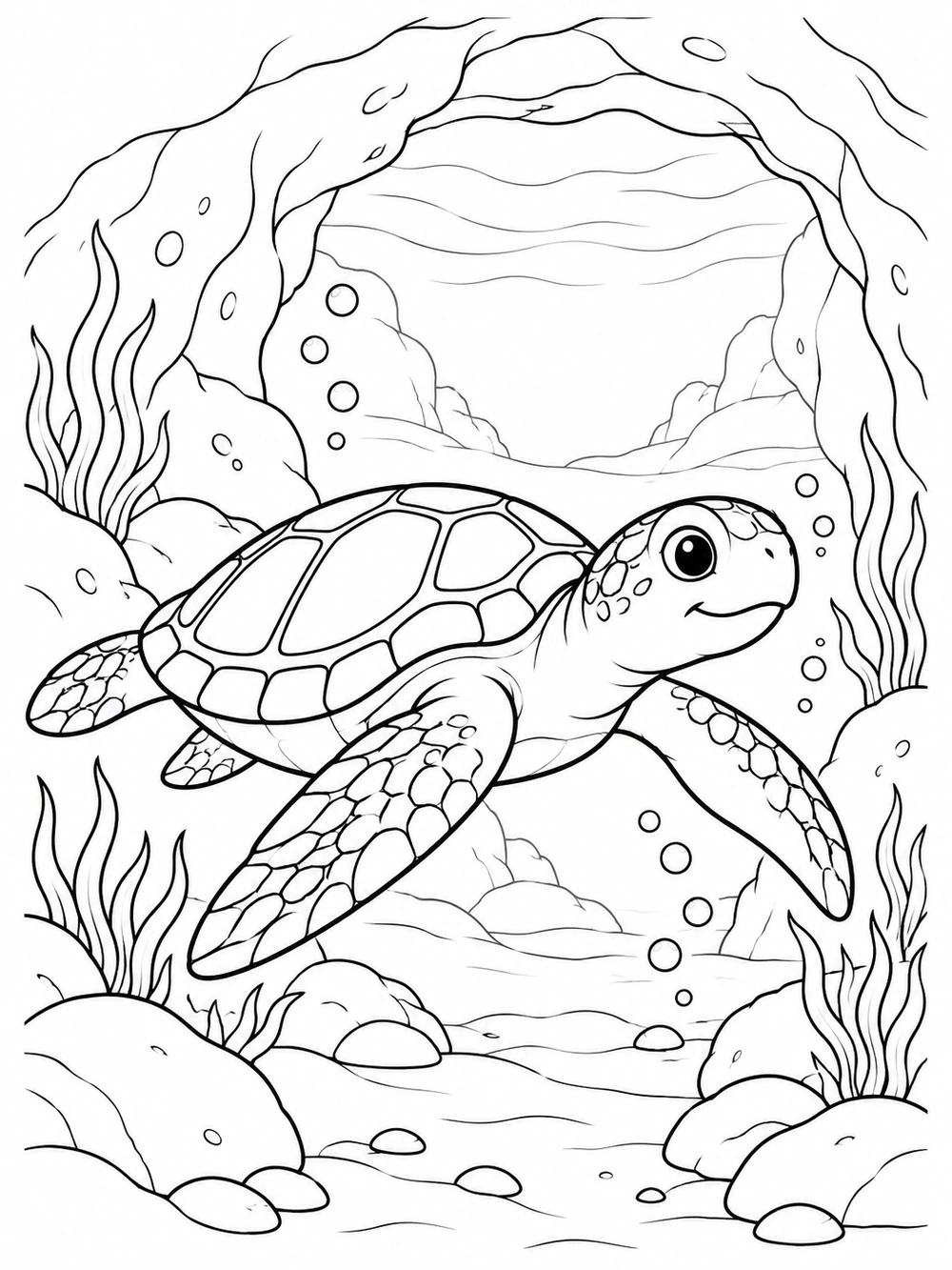 A sea turtle swimming before a welcoming underwater cave, surrounded by rocks, sea plants, and bubbles, in black and white coloring page line art.