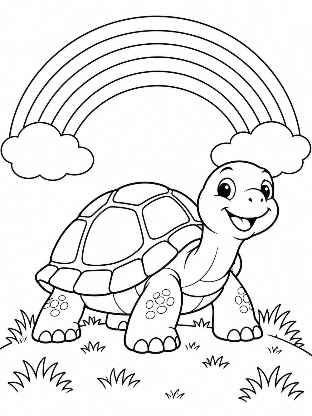 Turtle coloring page with a rainbow, clouds, and a grassy rise