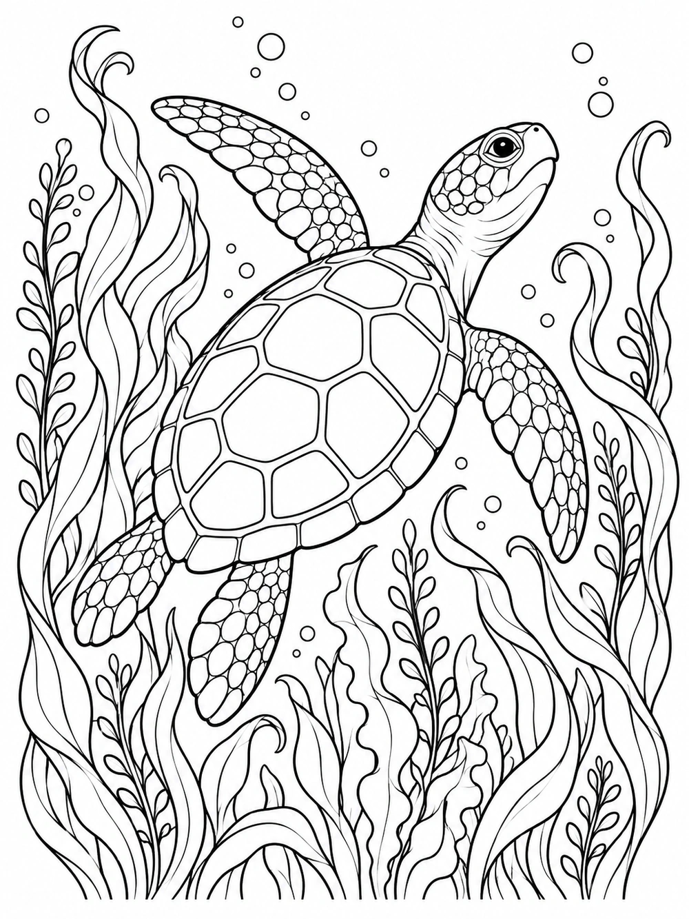 Sea turtle with a large patterned shell gliding upward through curling seaweed on a black-and-white coloring page.
