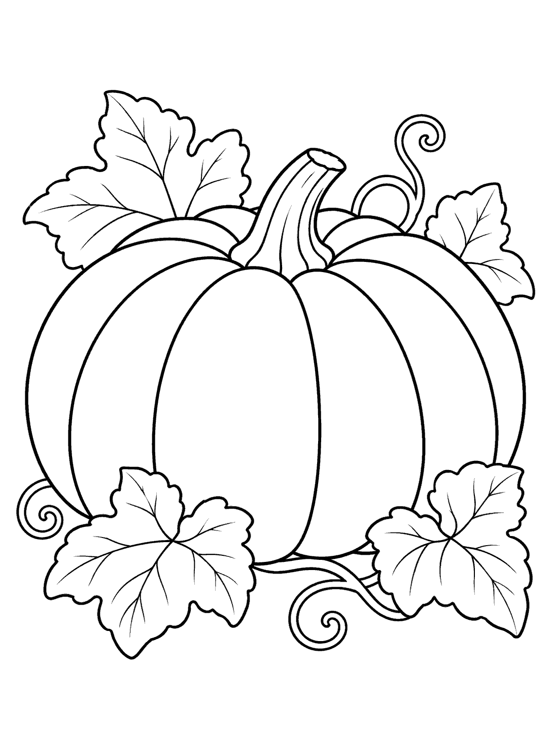 Bold outlined pumpkin with a short stem, curling vines, and leaves on a white coloring page.
