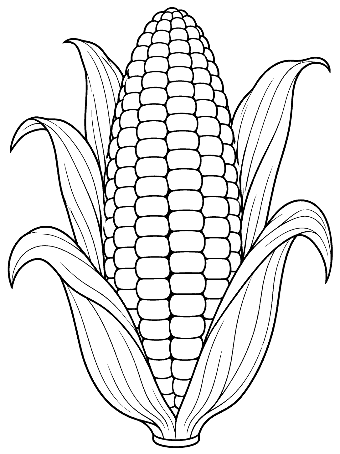 An upright ear of corn with large rows of kernels and outward-curving husks, drawn as a coloring page.