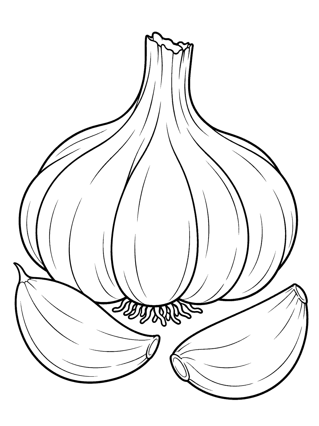 Black-and-white garlic bulb with two peeled cloves coloring page