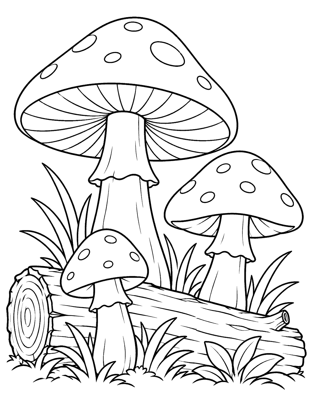 Three spotted mushrooms with visible gills growing beside a log on a coloring page