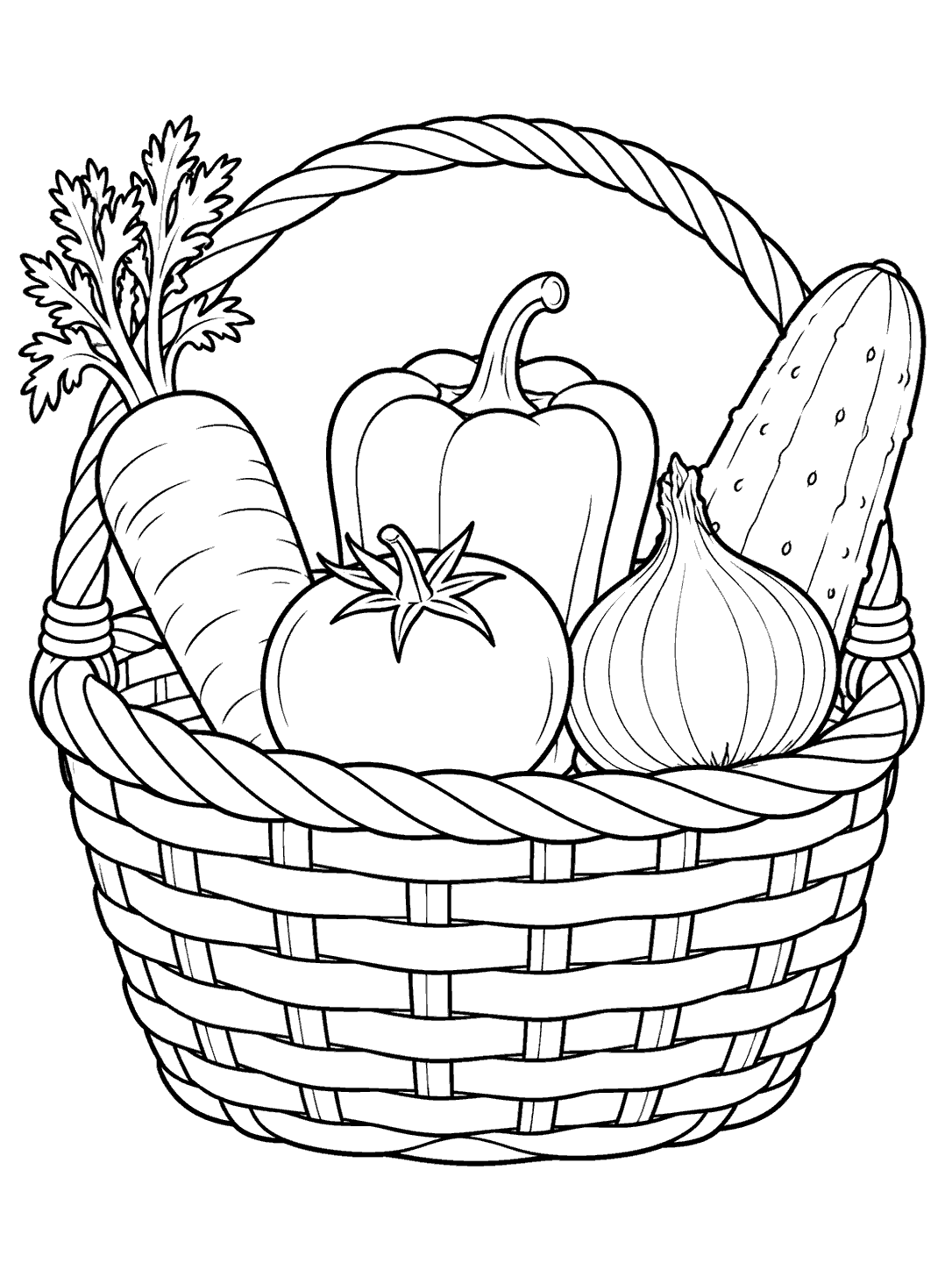 Black outline coloring page of a handled market basket holding a carrot, tomato, bell pepper, cucumber, and onion.