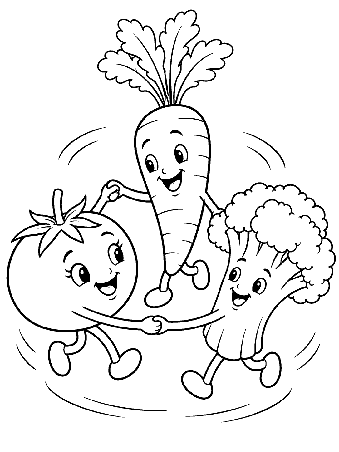 Tomato, carrot, and broccoli dancing in a circle on a coloring page.