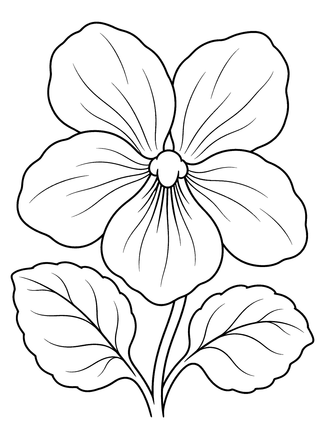 Printable black-outline violet blossom with five broad petals and two veined leaves