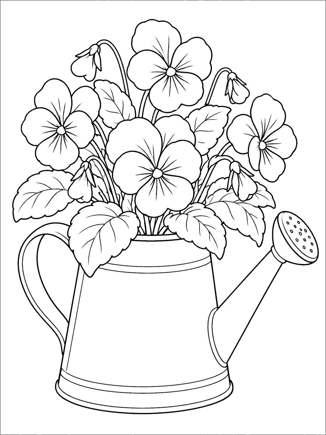 Violets arranged in an open watering can coloring page