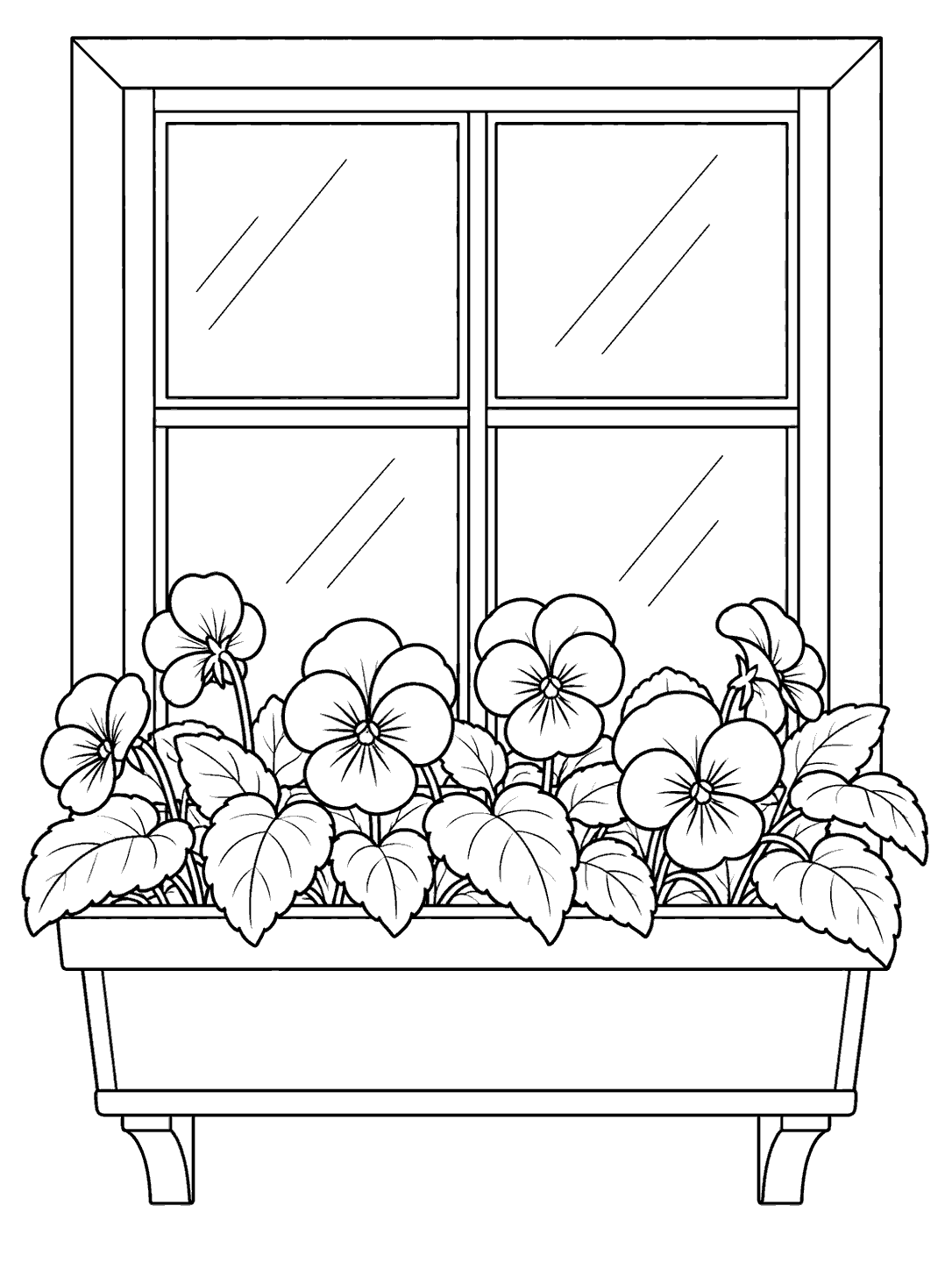 Window planter filled with violets coloring page