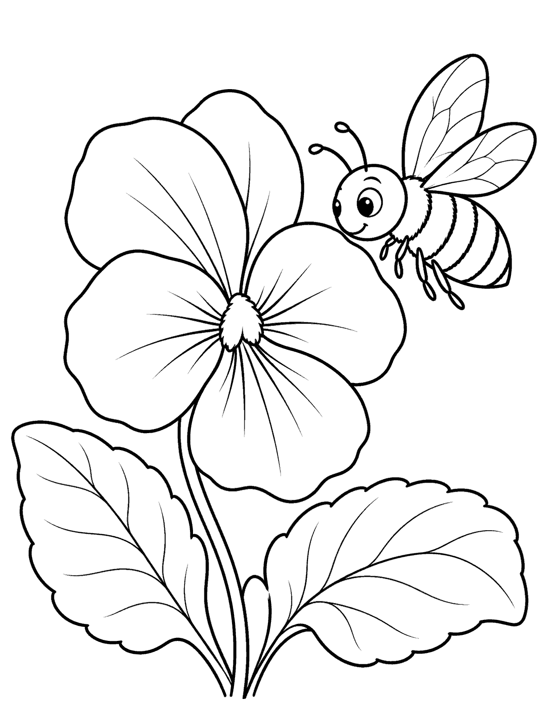 Black outline coloring page showing a large violet flower with broad leaves and a smiling striped bee approaching its center.
