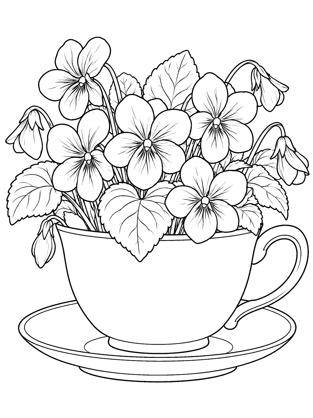 Black-and-white coloring page of violet blossoms and leaves arranged in a wide teacup with a handle and saucer.