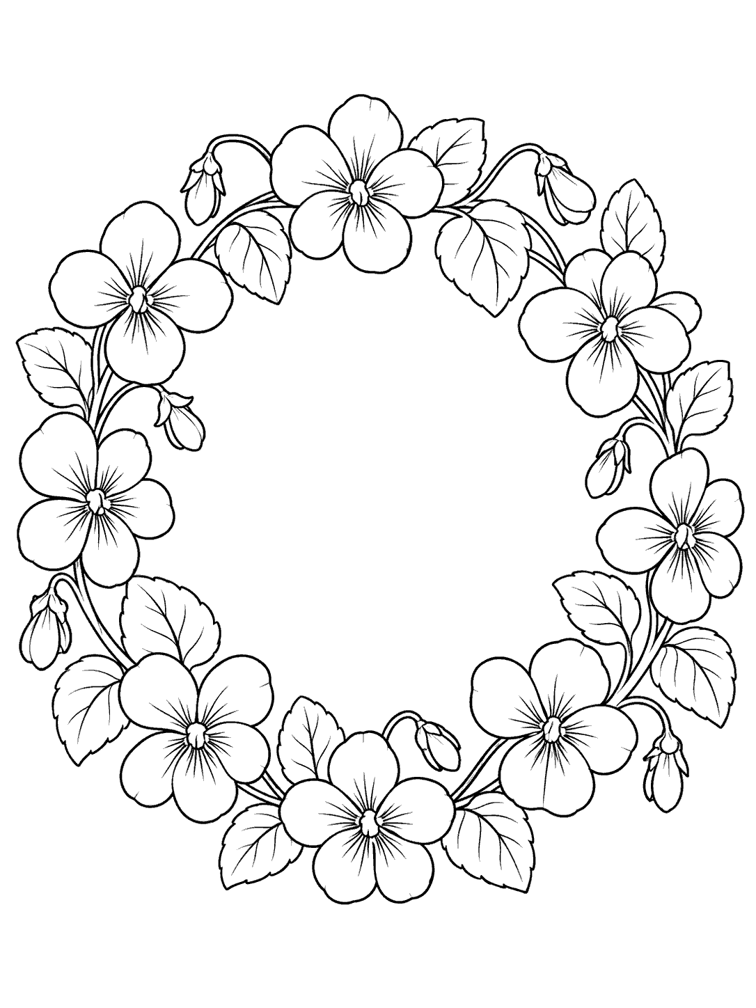 A circular wreath of violet blossoms, buds, and leaves with an open center, drawn as a coloring page.