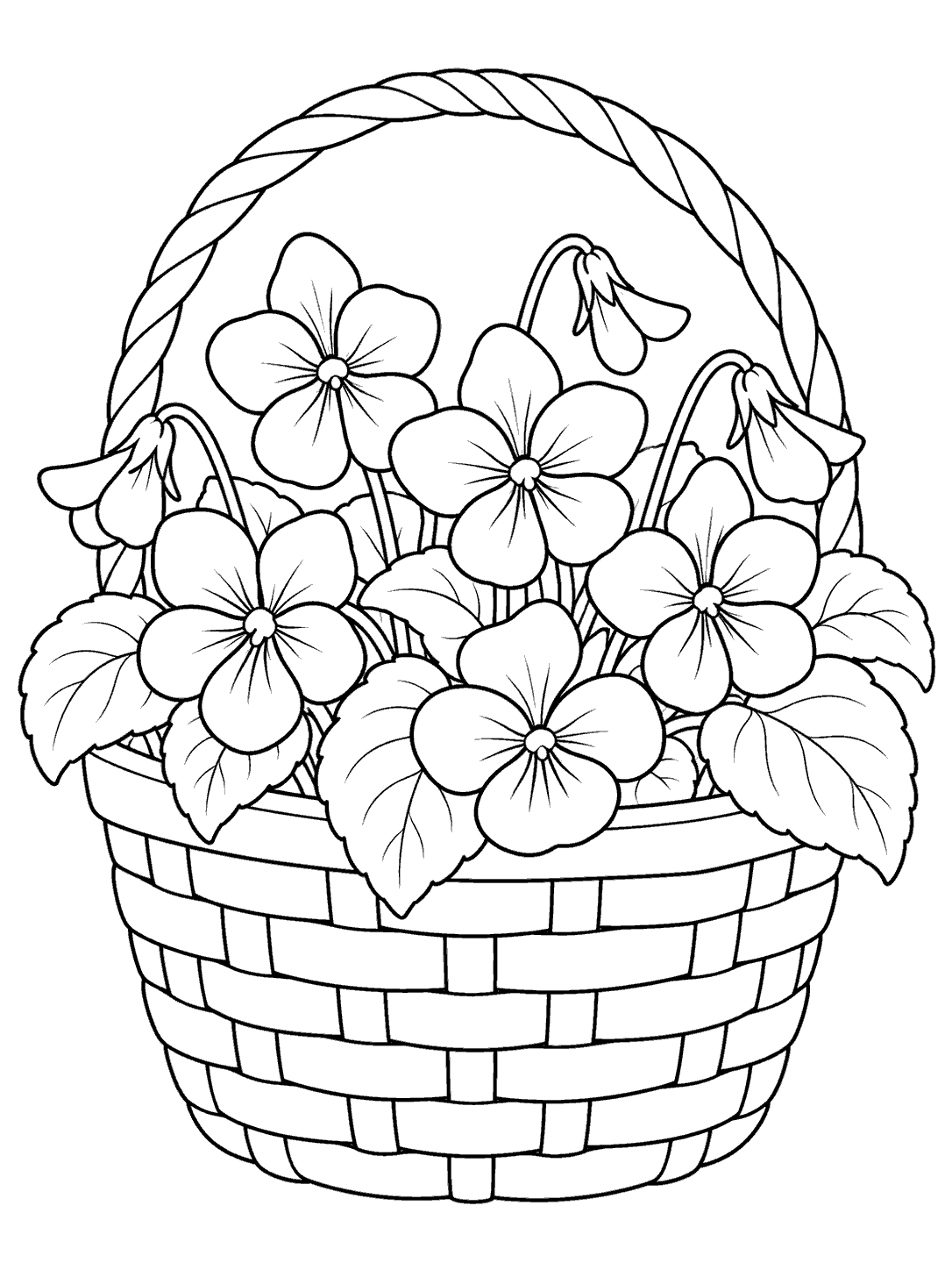 Printable coloring page showing violet blooms and leaves in a woven garden basket.