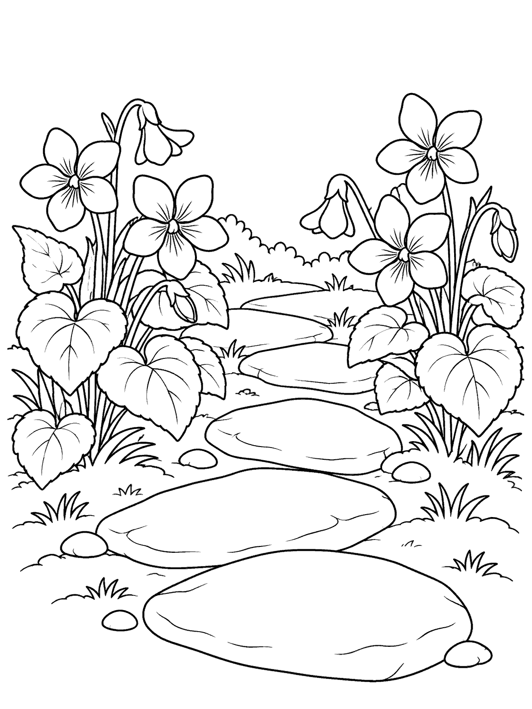 Black-and-white violet garden coloring page with two flowering plants beside a stone path