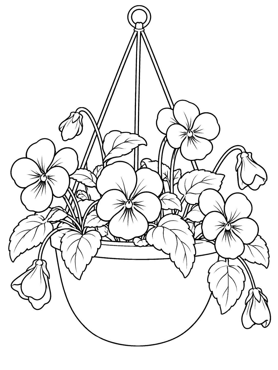 Hanging planter with violet blossoms, leafy stems, and trailing buds coloring page