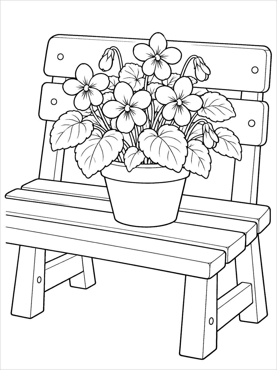 Potted violets on a garden bench coloring page