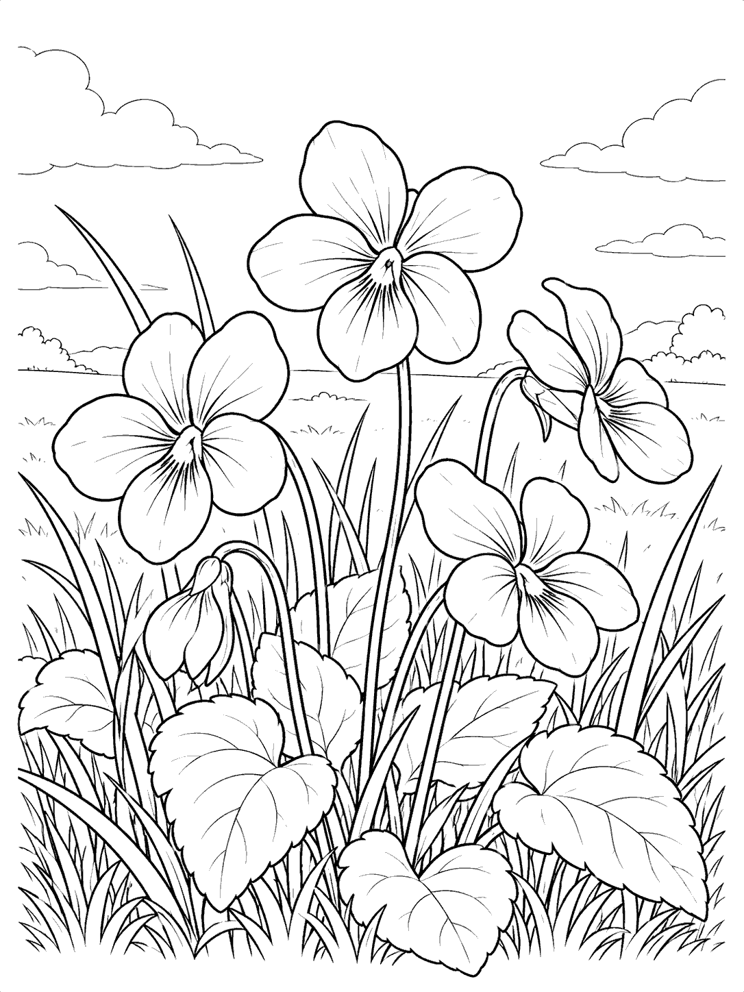 Several large violets and tall grasses in an open field coloring page