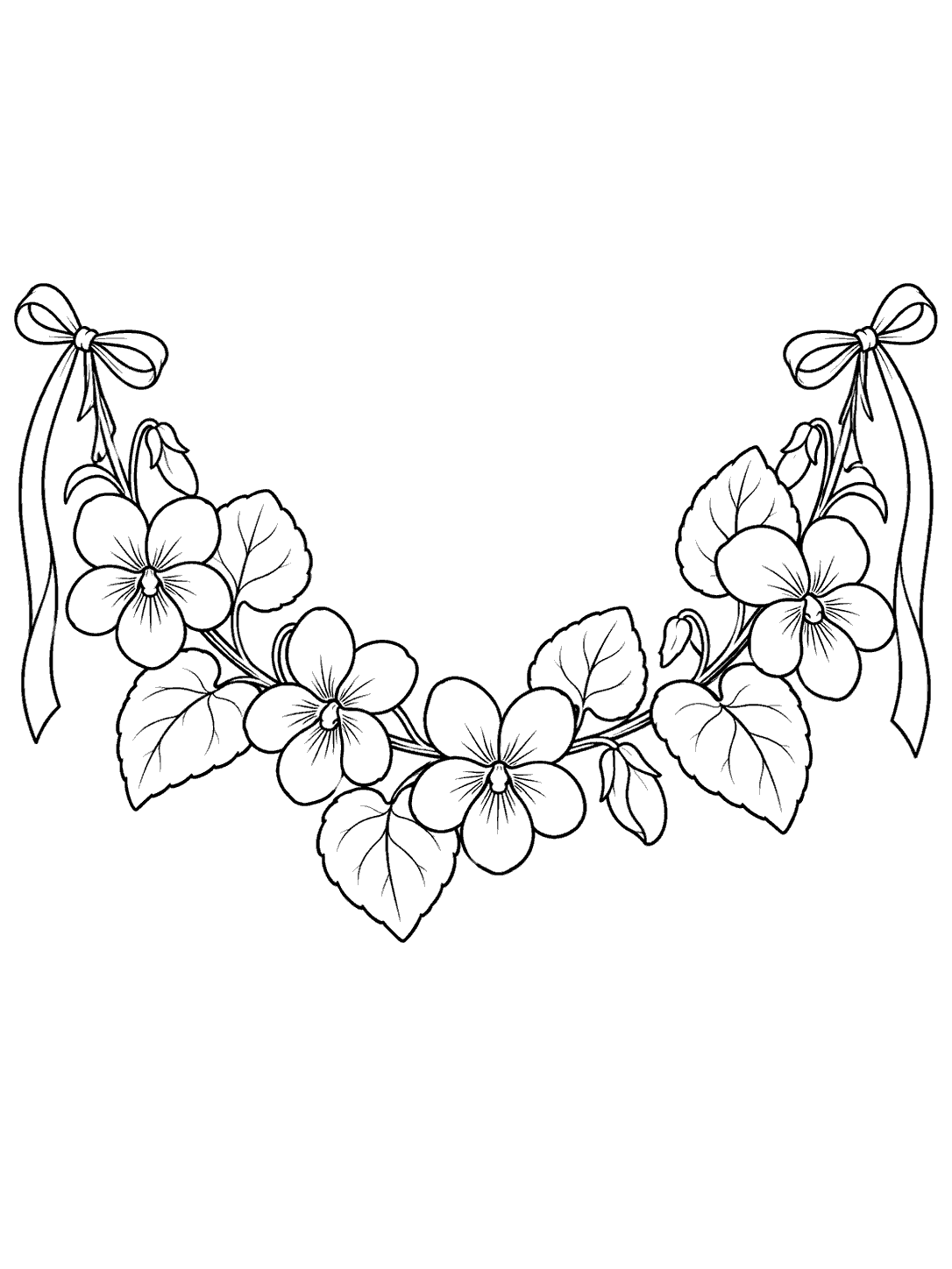 Black-outline coloring page of a curved garland with violet blossoms, broad leaves, and bows at both ends.