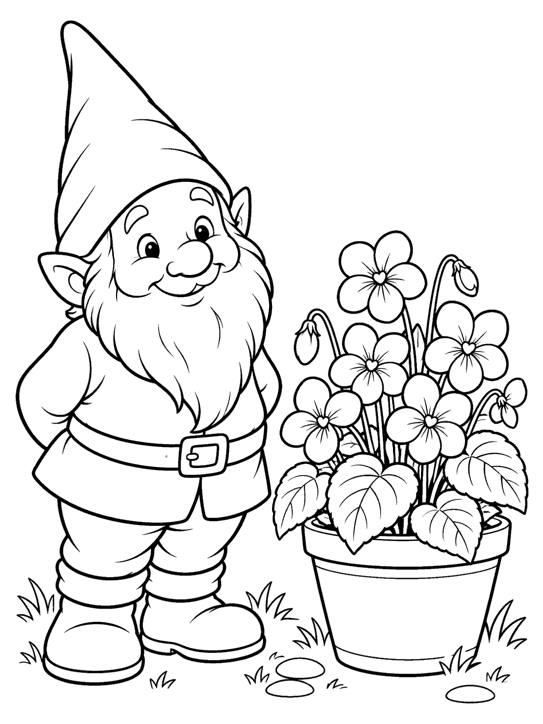 Black-and-white coloring page showing a garden gnome beside a potted violet plant