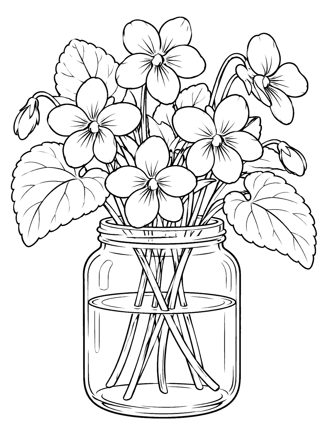 Black-and-white coloring page of violet flowers and broad leaves arranged in a glass jar.