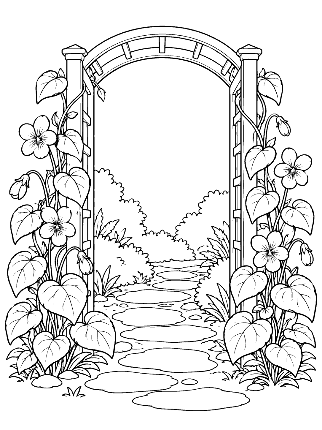 Open garden arch framed by violet plants and a garden path coloring page