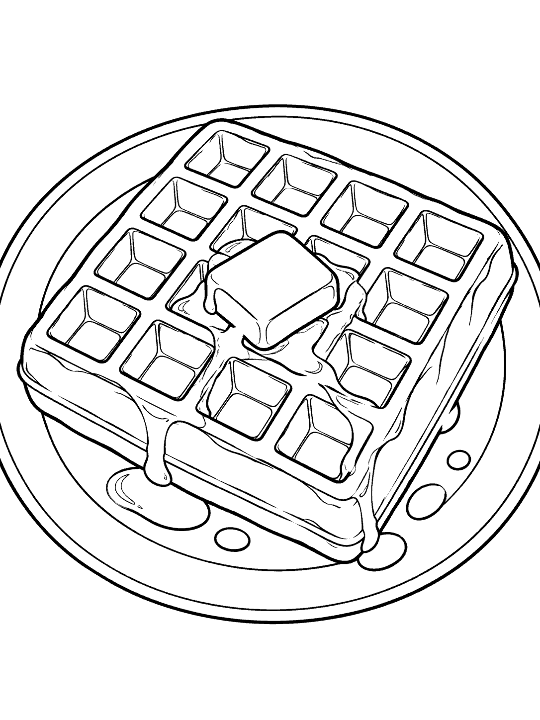 A square Belgian-style waffle with deep pockets and butter in the center, on a round plate with syrup drops.