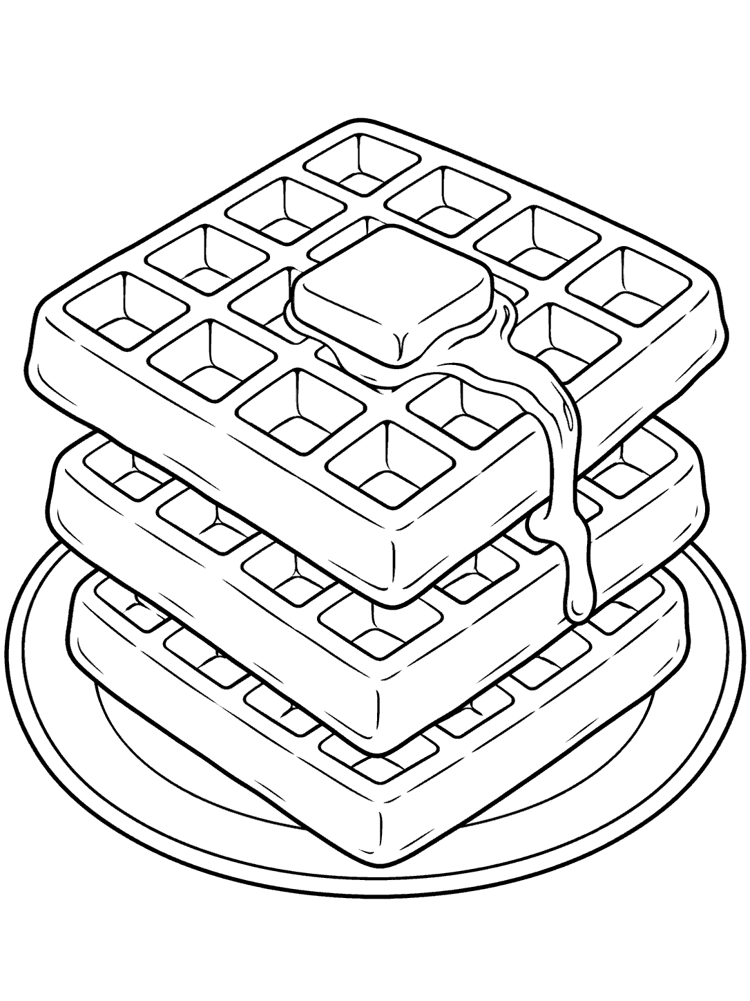 Black-outline coloring page of three grid-patterned waffles stacked on a plate, topped with a butter pat and syrup.