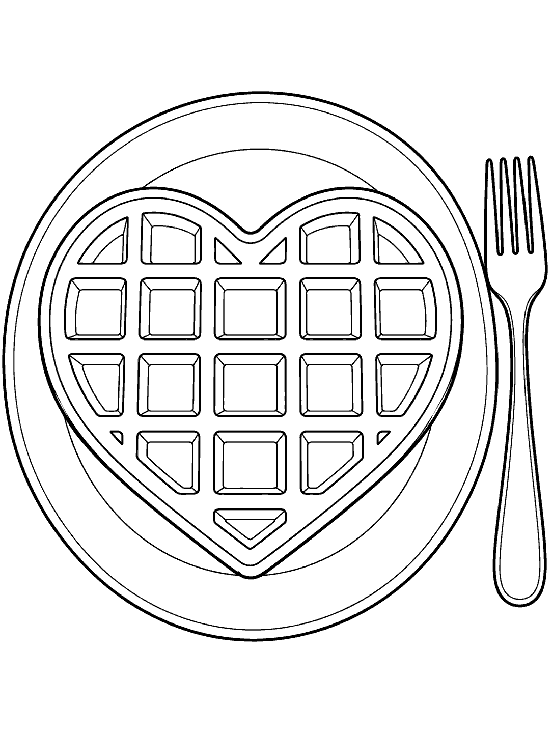 Heart-shaped waffle with an even grid on an oval plate beside a fork