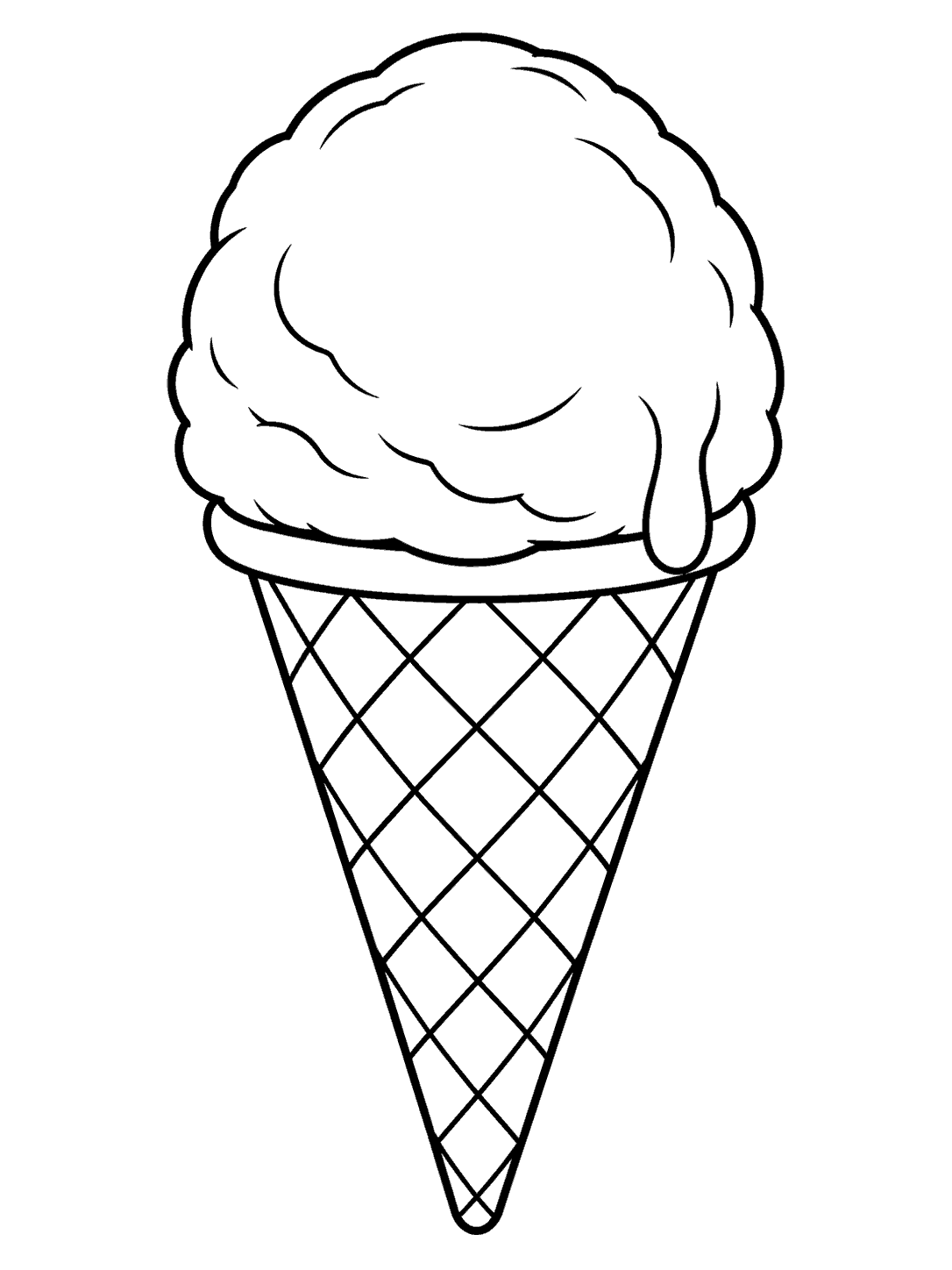 Black-outline coloring page of an upright crosshatched waffle cone topped with one large scoop of ice cream and a drip.