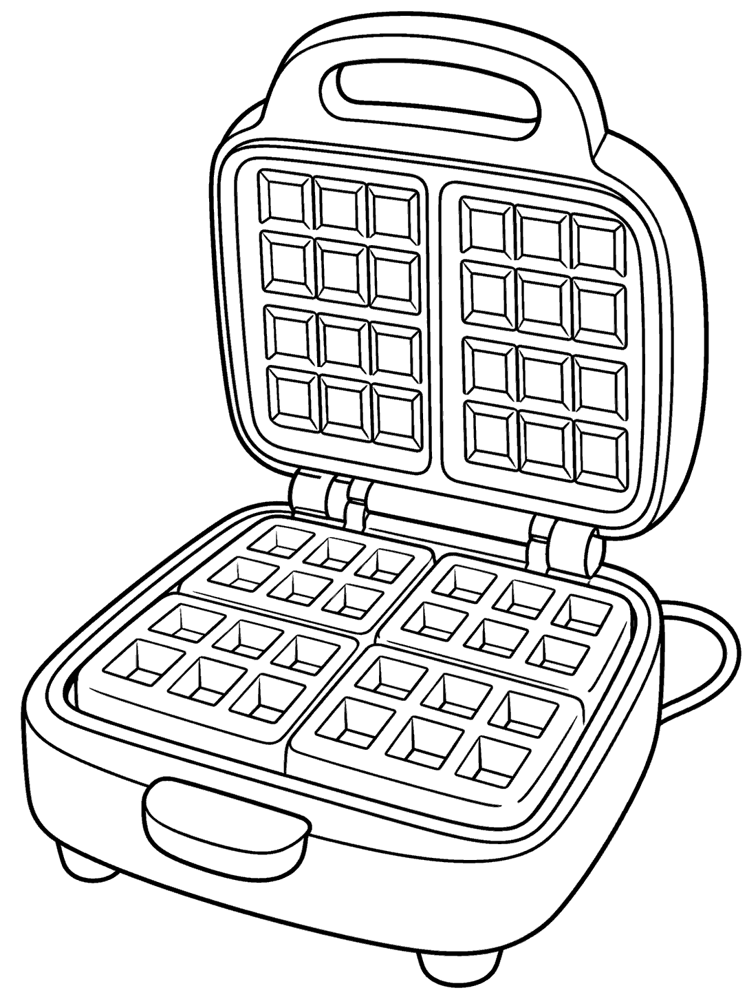 Open countertop waffle iron with raised lid, gridded plates, handle, and a short cord.