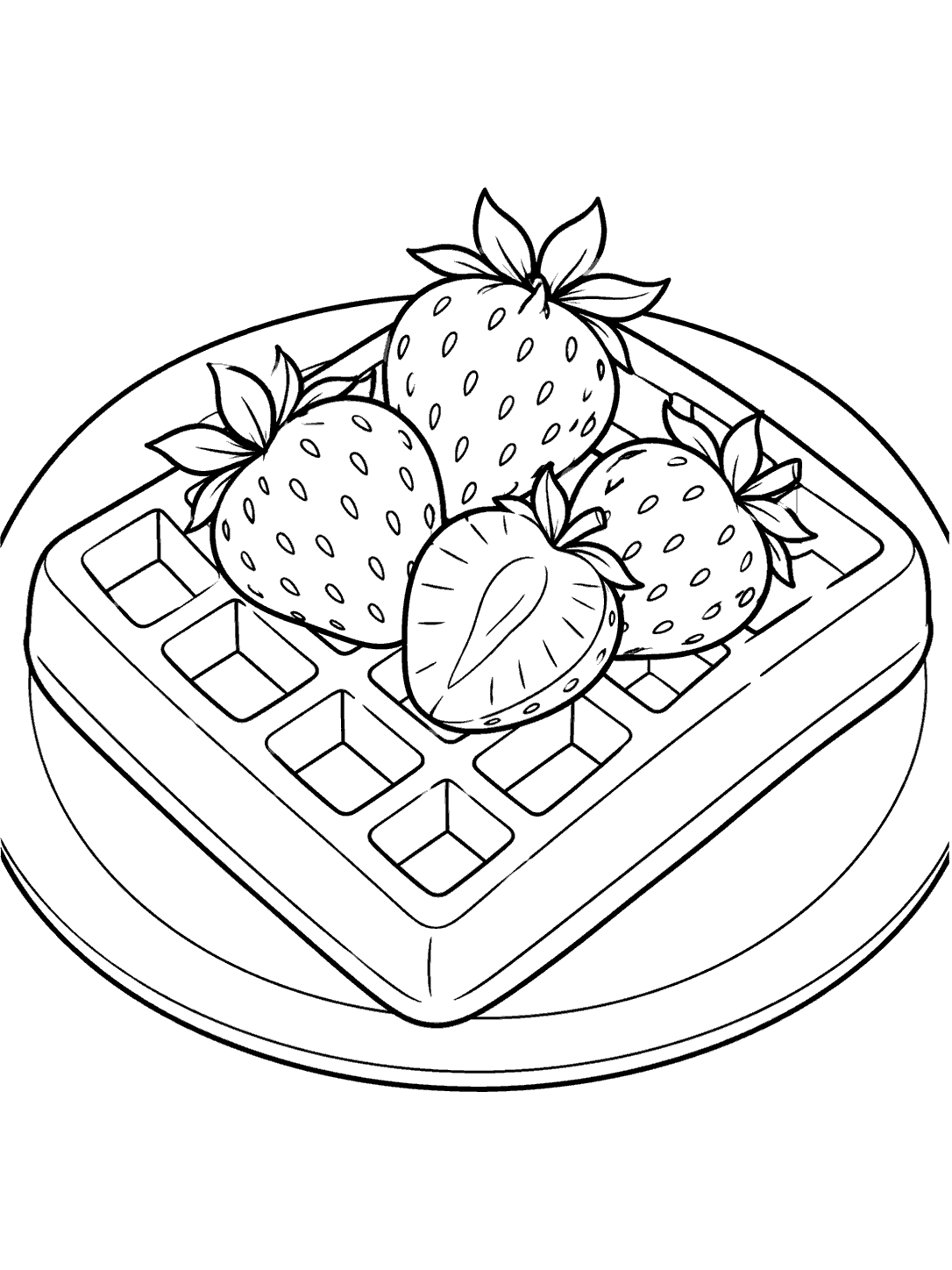 A square pocket-grid waffle topped with three whole strawberries and one strawberry half on a plate.